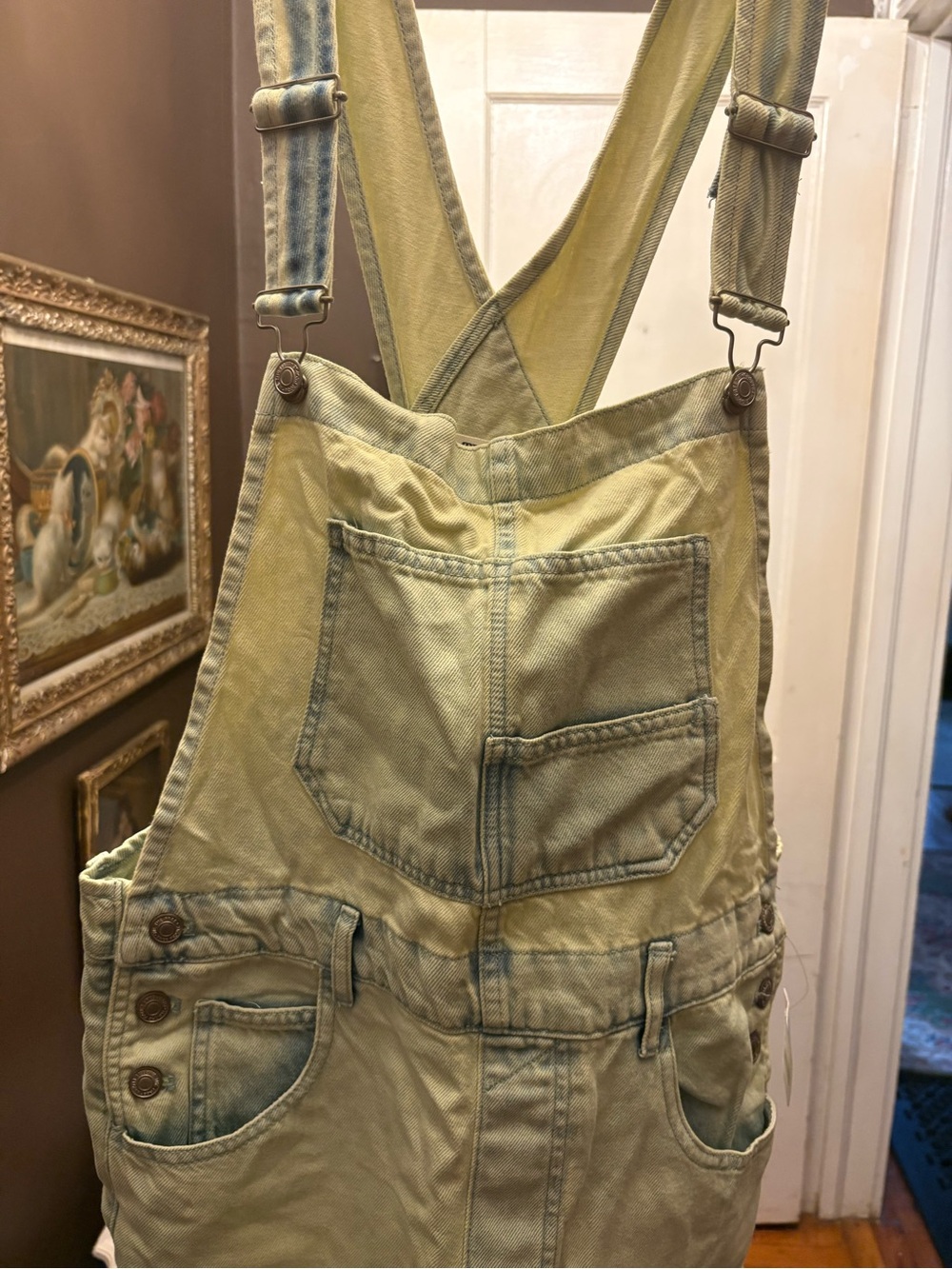 Free People Mint Green Washed Denim Overalls